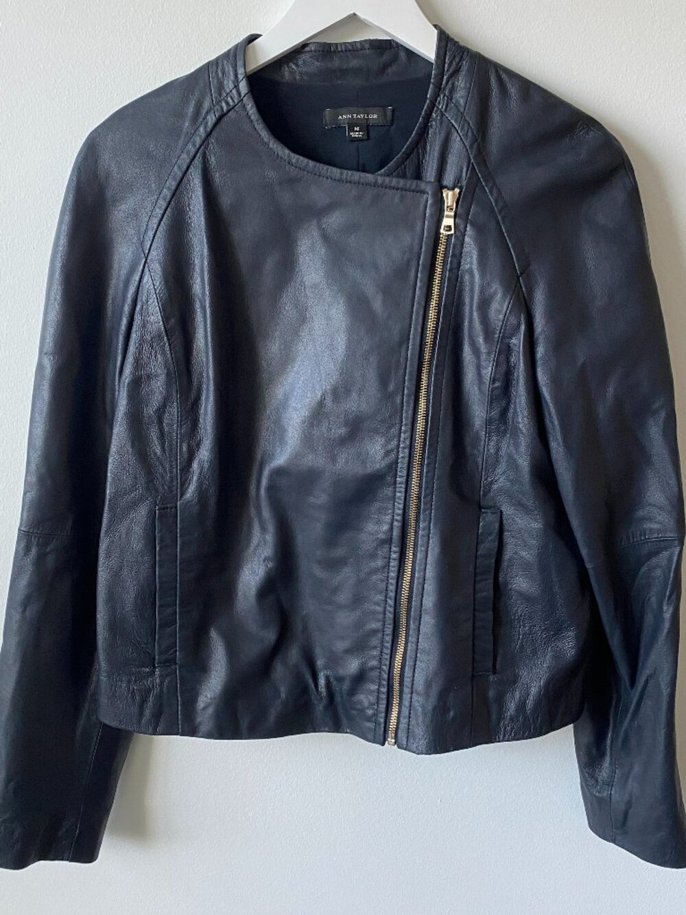 Ann Taylor Dark Blue Leather Moto Jacket | Size M | Asymmetrical Zip | Cropped